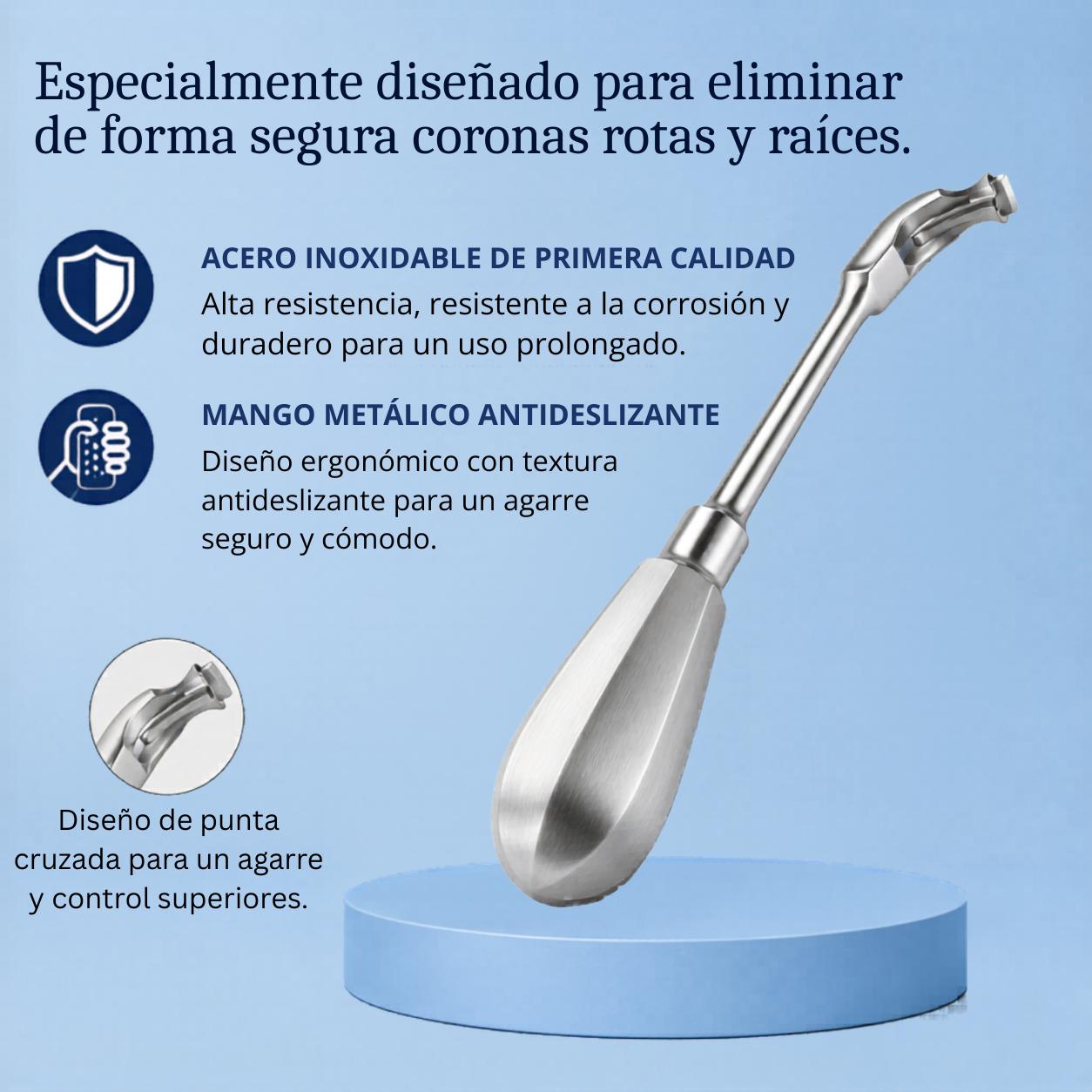 Extractor dental de coronas y raíces: acero inoxidable, mango antideslizante y punta cruzada